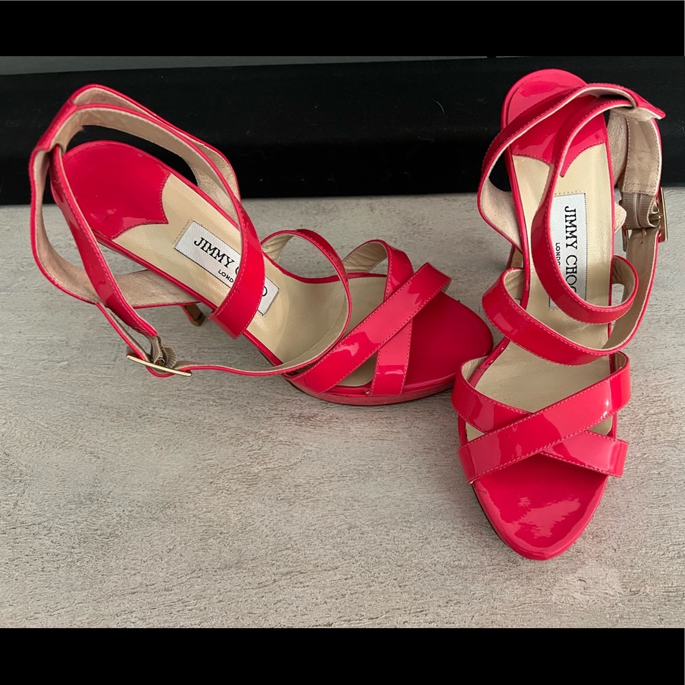 Jimmy Choo Hot Pink Patent Leather Strappy Heels Size 38